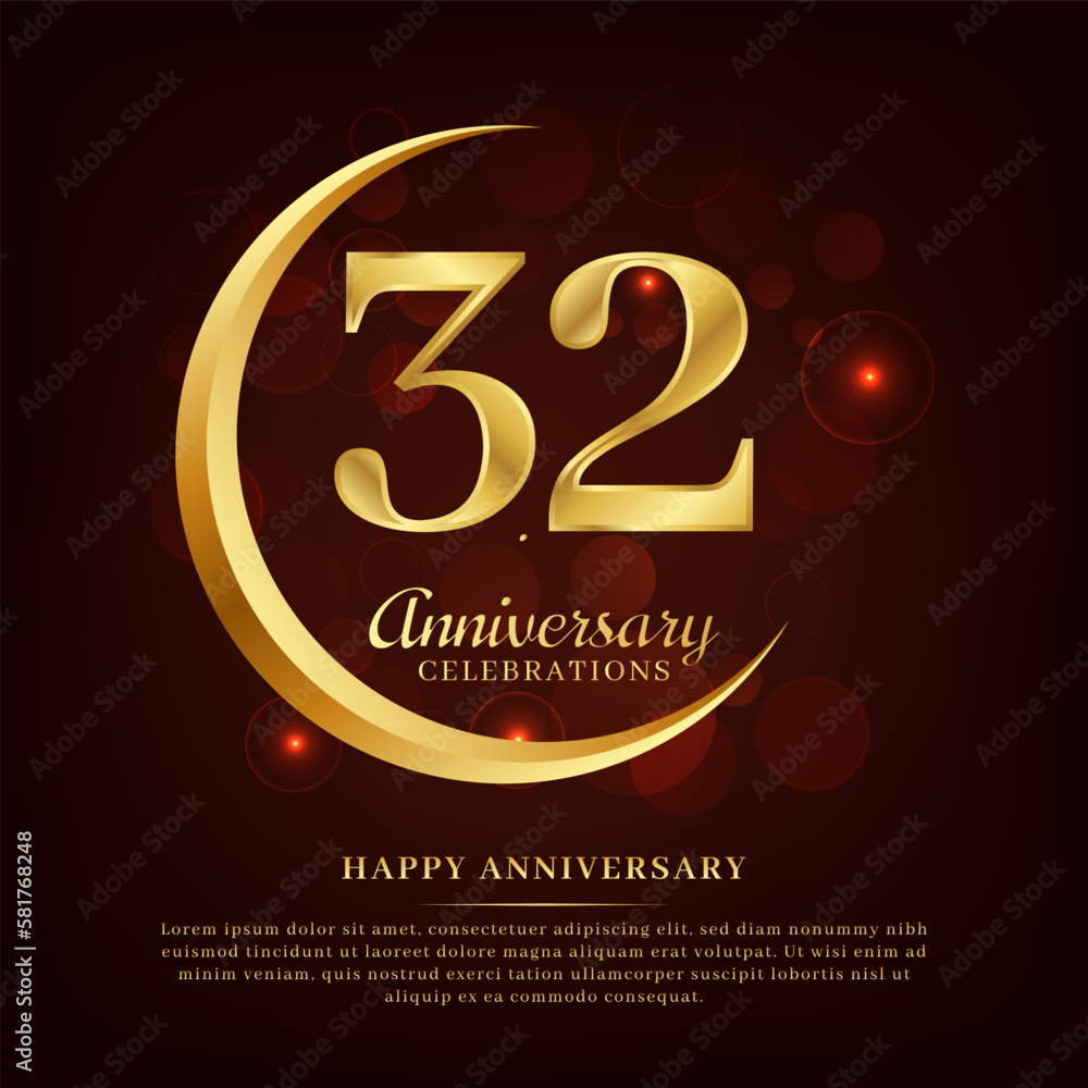 32 years anniversary with golden moon and red shiny background added with text for congratulations words 32 years anniversary with golden moon and red shiny background added with text for congratulations words