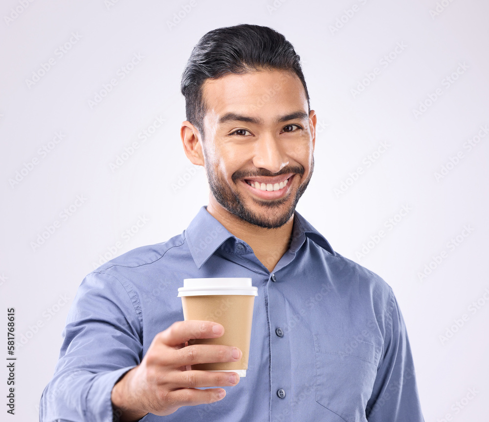 Business man, coffee cup toast and portrait in studio with smile, motivation and start morning by background. Happy asian businessman, takeaway latte and cheers for success, giving and offer at job Business man, coffee cup toast and portrait in studio with smile, motivation and start morning by background. Happy asian businessman, takeaway latte and cheers for success, giving and offer at job