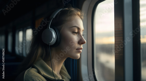 girl in headphones rides a train and looks out the window. generative AI © Margo_Alexa