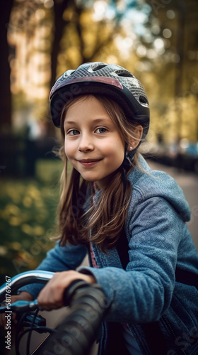 Smiling happy Kid girl riding a bicycle in a park - Ai generative