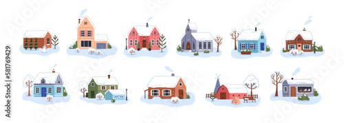Cozy village houses on winter holiday. Small country homes, little countryside buildings exterior with chimney and roofs covered with snow. Flat vector illustrations isolated on white background
