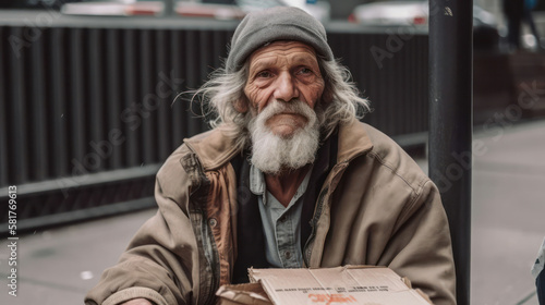 a beggar and homeless man sits on the pavement in the city with a cardboard sign. generative AI 