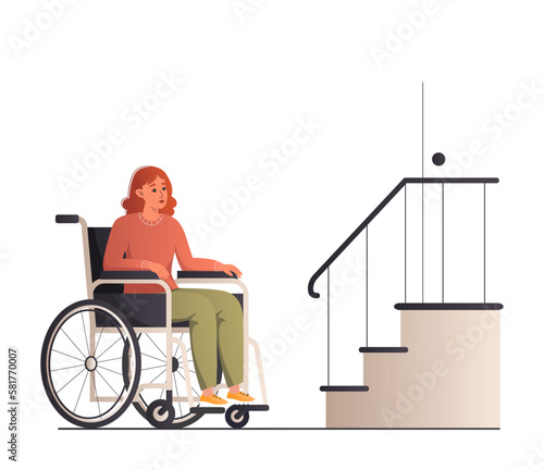 Woman sitting in wheelchair stops near stairs vector illustration. Disabled female character with mobility problem can't climb stairs without ramp. Urban infrastructure and people with disabilities