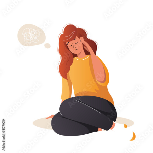 Sad woman sits on the floor with tangled thoughts. Confused girl thinking. Depressed female character adolescent has memory or mental problems, headache with painful expression. Vector illustration