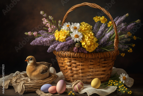 basket with flowers and Easter eggs, GENERATIVE AI
