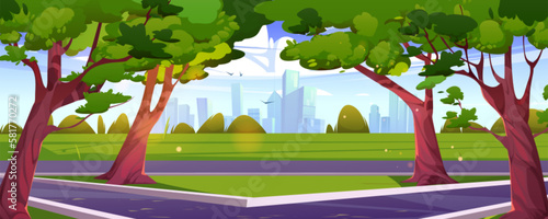 Summer city park landscape background. Cartoon vector skyline scene with road. Ctyscape urban illustration with green trees, asphalt walking paths. Modern architecture perspective view, flying birds photo