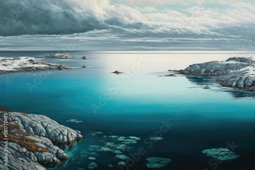 Off the coast of Stavanger, in the Norwegian county of Rogaland, is a view of the calm ocean looking toward the horizon in light pastel shades of blue, turquoise, and white. Generative AI