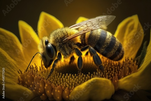 a honey bee gathering nectar from a bloom while covered in yellow pollen. A creature is sitting and gathering in a summer sunflower. important for environmental sustainability and ecological ecology