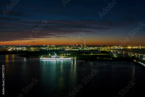 Aerial view of the USS Alabama battleship at sunset © George