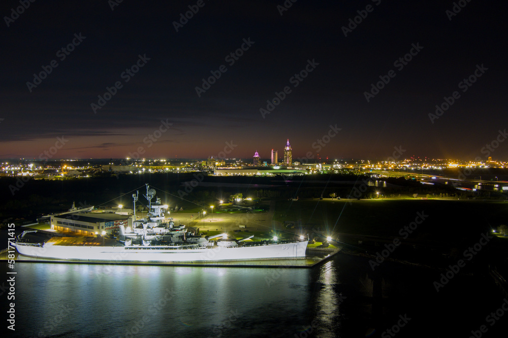 Fototapeta premium Aerial view of the USS Alabama battleship at sunset