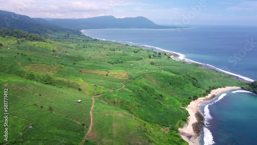 Beautiful View At Tranquil View With Ocean Beach And Agricultural Fields Of Corn Maize Rice with Mountain Background In Sumbawa Island, Indonesia. Aerial 4k photo