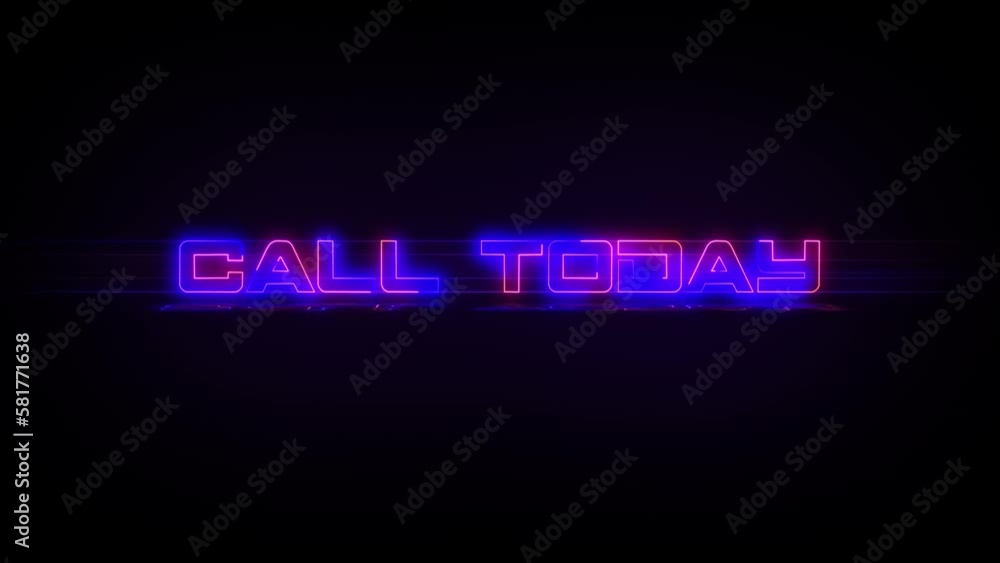 Flashing CALL TODAY electric blue and pink neon Sign flashing on and off with flicker, reflection, and anamorphic lights in 4k. Flashing CALL TODAY electric blue and pink neon Sign flashing on and off with flicker, reflection, and anamorphic lights in 4k.