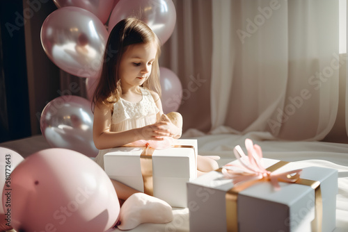 AI Generative, little girl opening gift box in a room with balloons photo