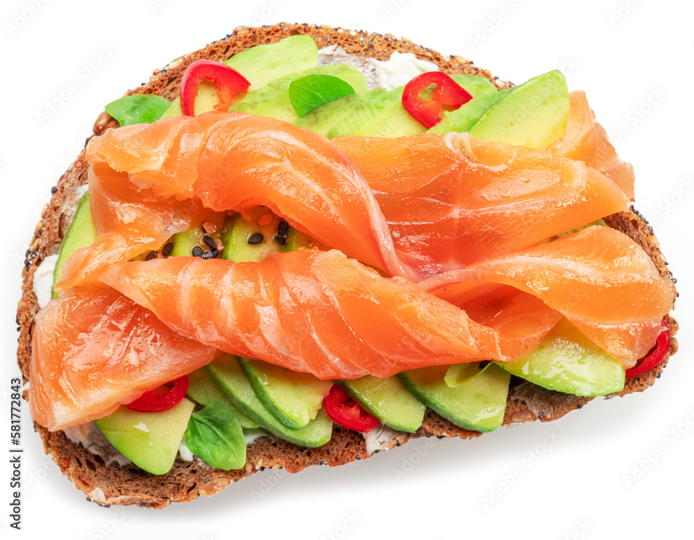 Salmon toasts with avocado isolated on white background. Top view. Salmon toasts with avocado isolated on white background. Top view.