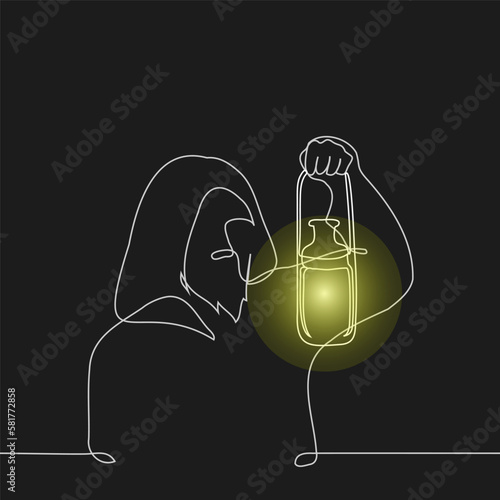 old bearded man in a hood holding a lantern - one line drawing vector. the concept an old medieval monk in a cassock illuminates with a lamp