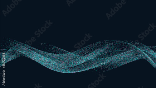 Digital dynamic particle wave. Abstract wave flow on a dark background. Big data visualization, computer technology, artificial intelligence.