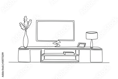 Continuous one-line drawing of tv set living room decoration. Living room concept single line draw design graphic vector illustration