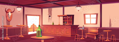 Western saloon wood interior. West cowboy bar with bottle on table cartoon vector background. Empty Texas pub with wildwest door and bench. Wanted paper with knife in wall near rack of alcohol.