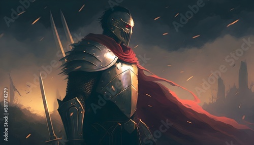 the undead knight in medieval armors prepares for battle against a background dawn, digital art style, illustration painting, Generative AI