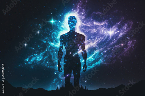   yber space concept of glowing astral body silhouette neural network AI generated art