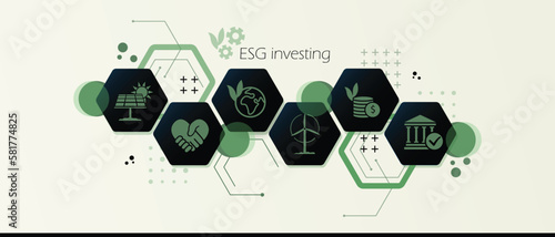 ESG investing banner background. Social environmental governance icon set. Sustainable, responsible ethical company rating.
