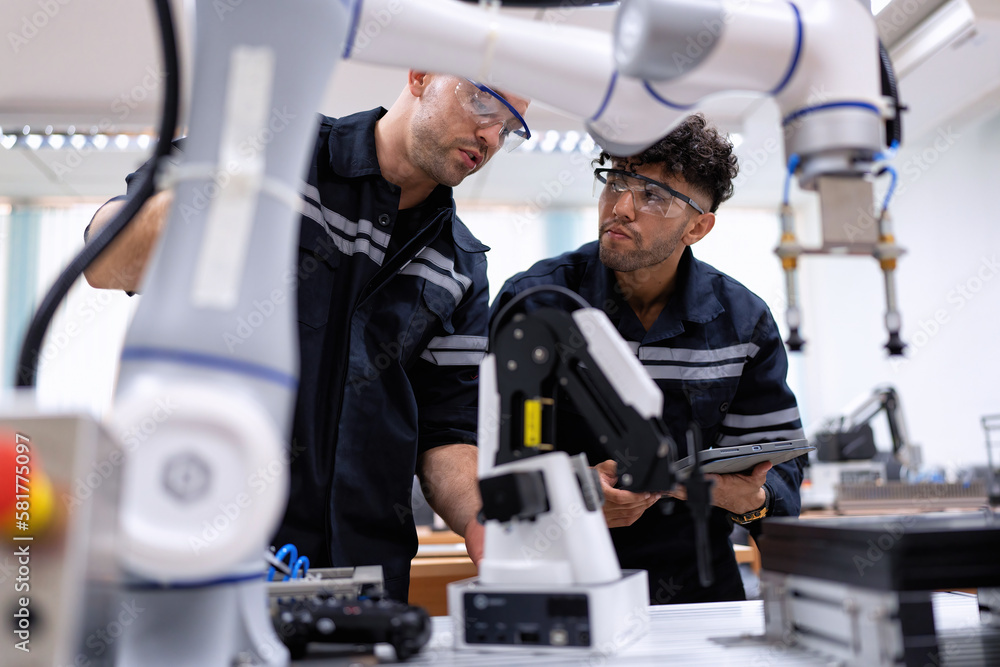 Engineer sitting in robot fabrication room quality checking robot arm hardware engineering Engineer sitting in robot fabrication room quality checking robot arm hardware engineering