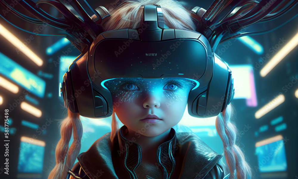 Child using virtual reality headset in space adventure game. Little ...