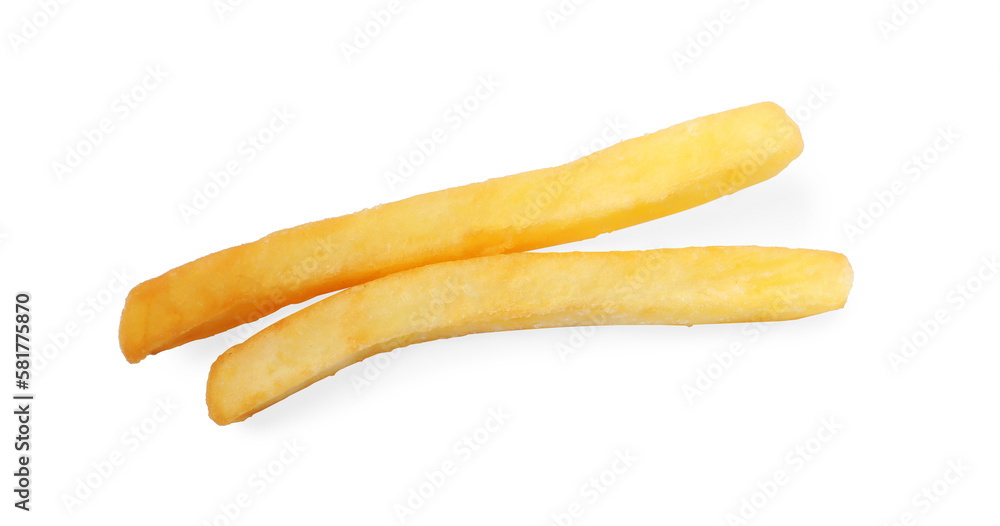 Delicious fresh french fries on white background, top view Delicious fresh french fries on white background, top view