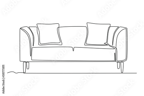 Continuous one-line drawing of long couch with elegant style and pillow on it. Living room concept single line draw design graphic vector illustration