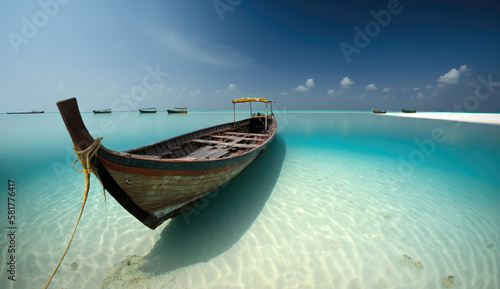 Fishing boat on the shore. Amazing paradise islands of Maldives. Generative AI