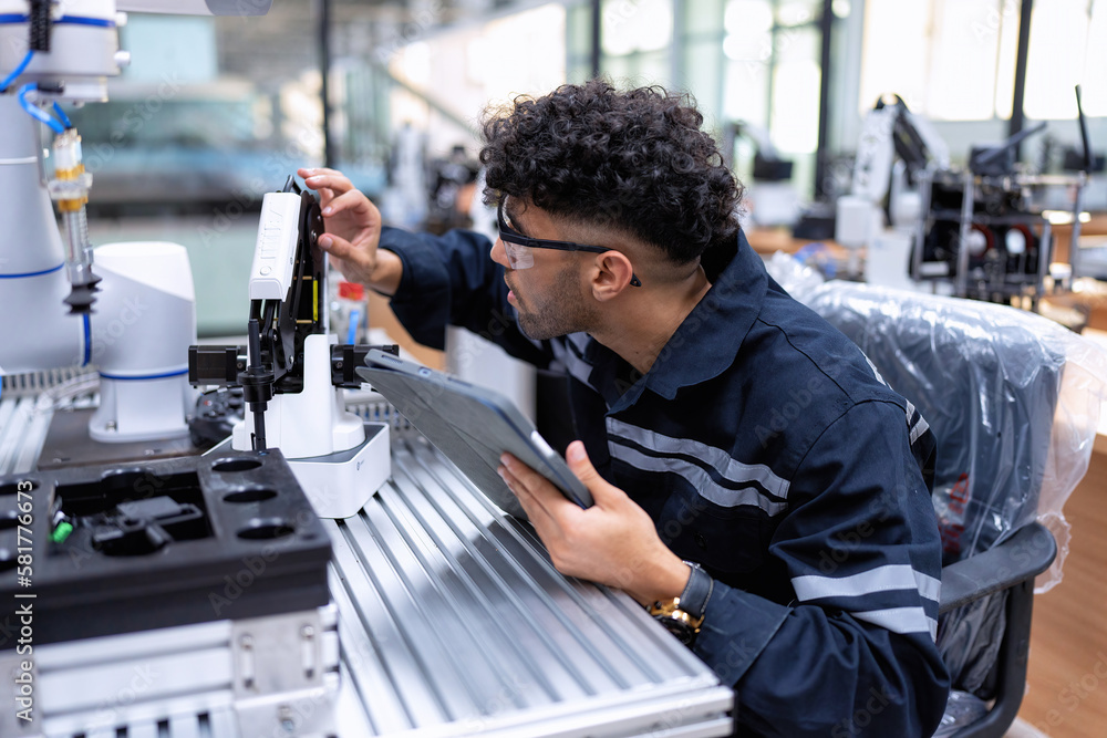 Engineer sitting in robot fab. room use tablet pc quality check robot arm hardware engineering Engineer sitting in robot fab. room use tablet pc quality check robot arm hardware engineering