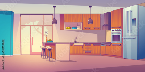 Kitchen room with bar table vector cartoon interior illustration background. Home furniture with fridge and stove near dining area. Modern light clean apartment equipment and kitchenware concept.