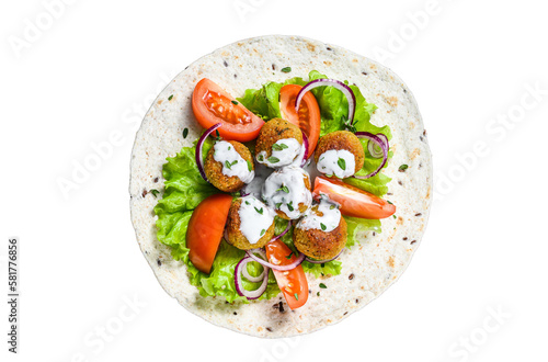 Vegetarian falafel with vegetables and tzatziki sauce on a tortilla bread.  Isolated, transparent background.