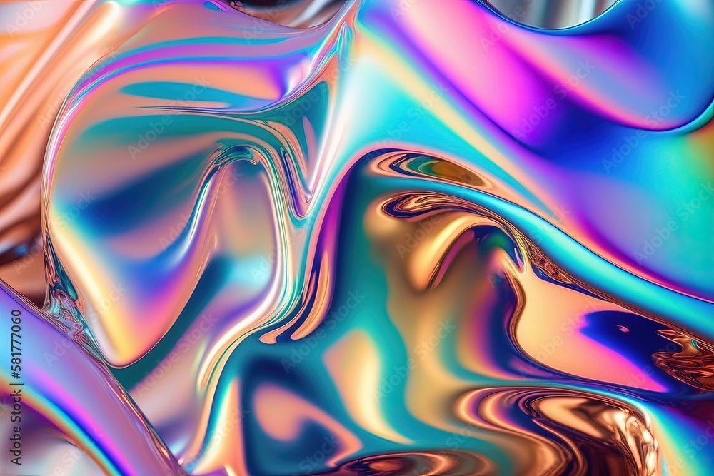 Obraz premium Generative AI illustration of holographic liquid background. Holographic iridescent backdrop. Pearlescent gradient and foil effect for design prints. Rainbow metal
