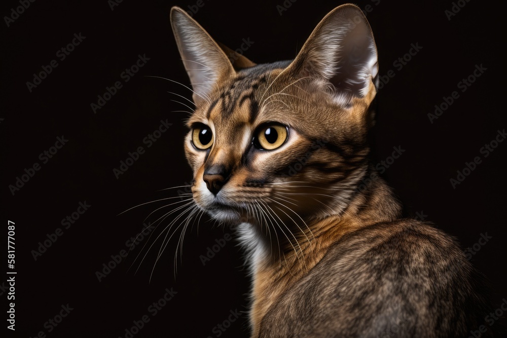 Close up of a curious person Cat from Abyssinia, isolated against a dark background. Generative AI