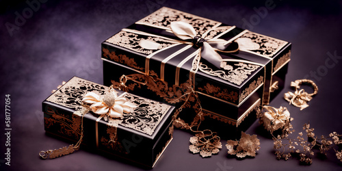 Luxury gift boxes with golden patterns on dark blue background, concept for holidays. Generative AI