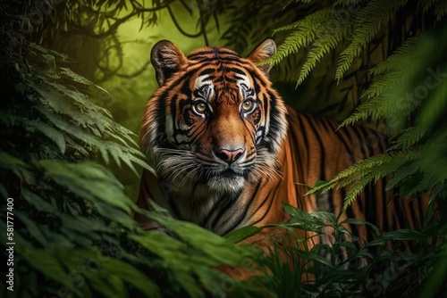 Beautiful Bengal tiger in a background of a lush, green habitat. Generative AI