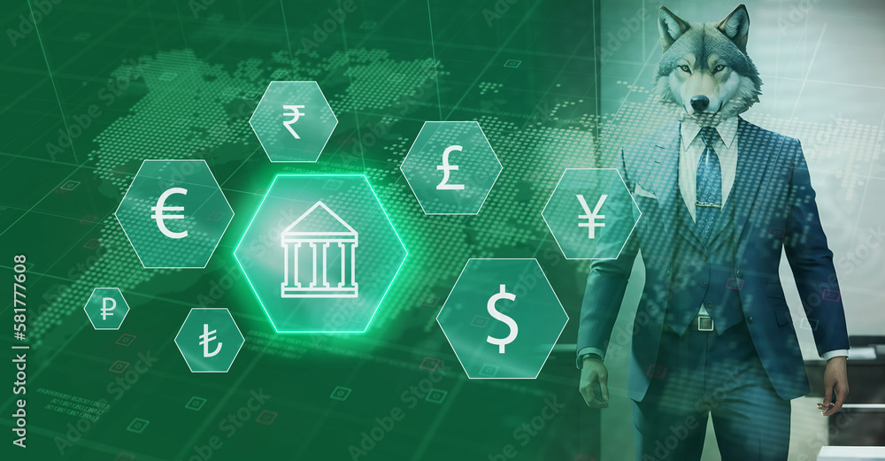 Ilustrace „central banking and international currency concept. Wolf