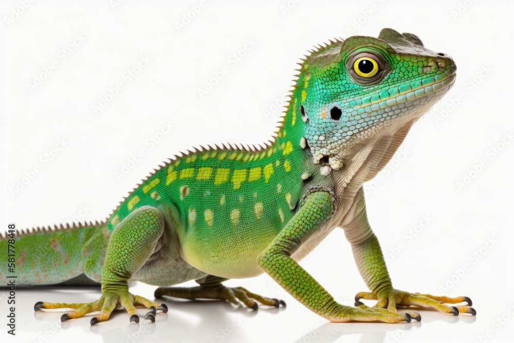 Obraz premium Gastropholis prasina, a green bellied lizard, standing alone on a white background. Generative AI