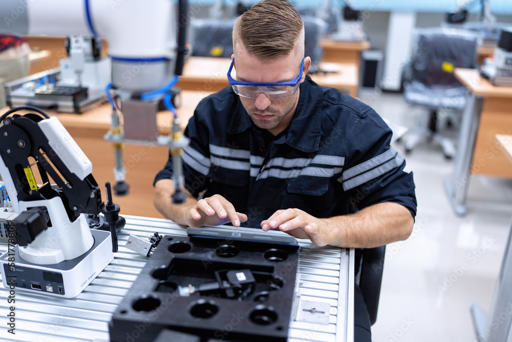 Engineer sitting in robot fabrication room quality checking robot arm hardware engineering Engineer sitting in robot fabrication room quality checking robot arm hardware engineering