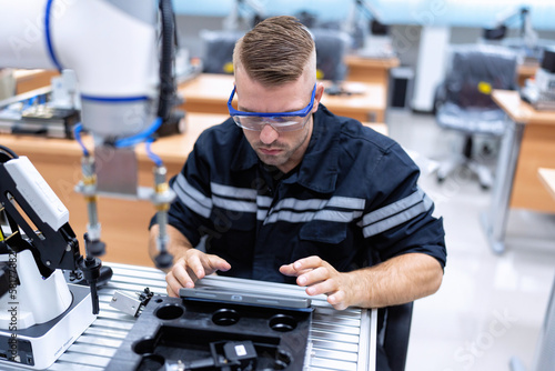 Engineer sitting in robot fabrication room quality checking robot arm hardware engineering