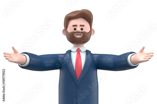3D illustration of smiling bearded american businessman Bob posing stand reach out stretch hands looking camera, studio portrait.3D rendering on white background. 