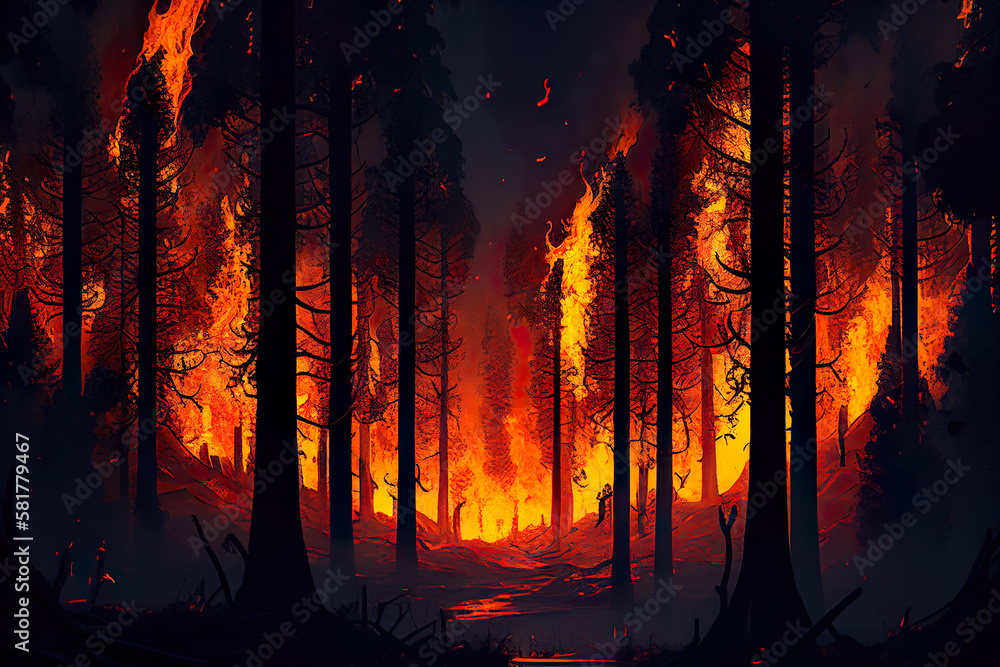 A fire in the forest with a dark sky and a fire in the foreground Generative AI 