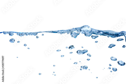  Wave water and bubbles isolated on white background, Water splash with bubbles of air.