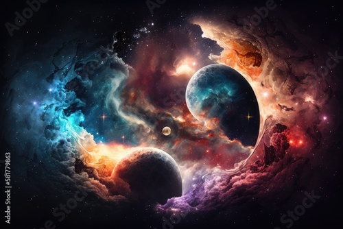 Universe filled with stars, nebula and galaxy collage. Generative AI
