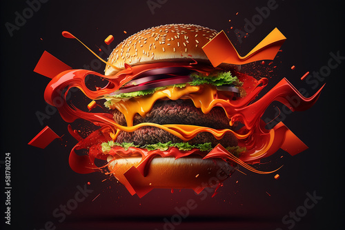 Massive tasty burger wallpaper fast food background with Generative AI technology