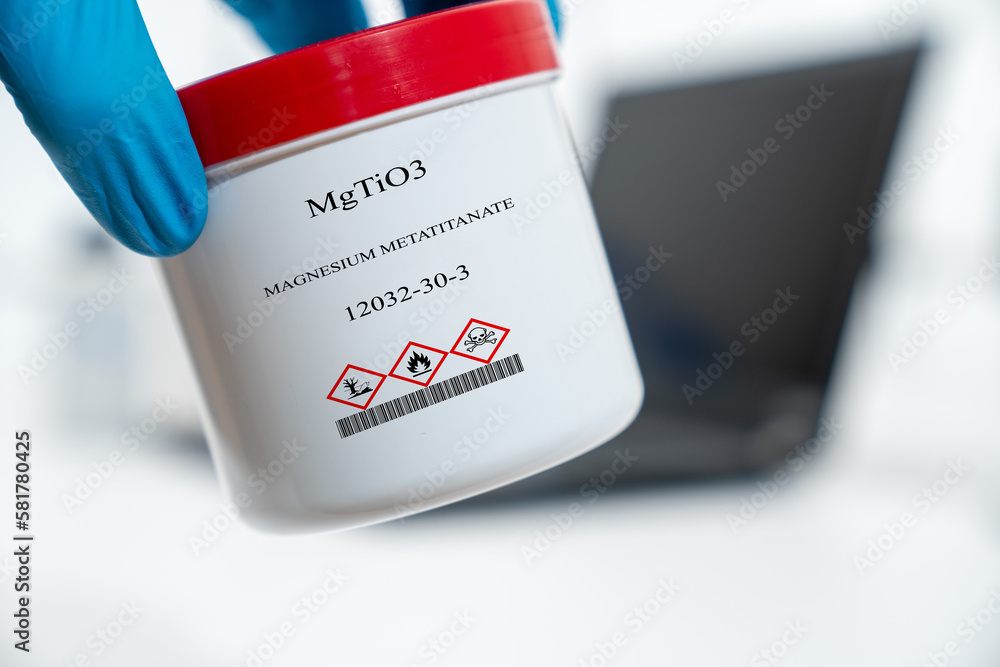 MgTiO3 magnesium metatitanate CAS 12032-30-3 chemical substance in white plastic laboratory packaging MgTiO3 magnesium metatitanate CAS 12032-30-3 chemical substance in white plastic laboratory packaging