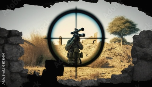 View through scope sniper rifle to military soldier with gun, sniper aiming for take a shot and eliminate enemy, preparing for accurate shot. Sniper scope view to enemy on open space, generative AI photo