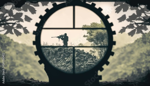 View through scope sniper rifle to military soldier with gun, sniper aiming for take a shot and eliminate enemy, preparing for accurate shot. Sniper scope view to enemy on open space, generative AI photo