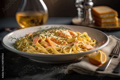 Al dente pasta tossed in a rich cream sauce with flakes of smoked salmon, finely diced , and hint of lemon zest | Pasta with Smoked Salmon and Cream Sauce, The Perfect Comfort Food ai generative